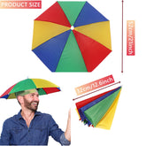 Adult wearing umbrella hat showing hands free design